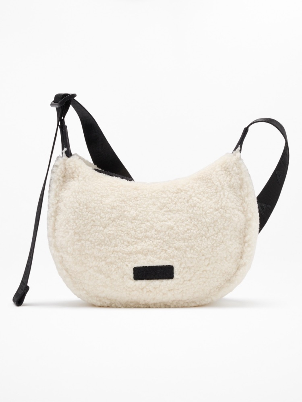 Athleta Cream Sherpa Crossbody Bag with Black Strap
